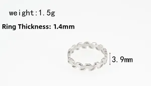 Macro detail of silver wave ring with 1.4mm thickness and 1.5g weight specifications