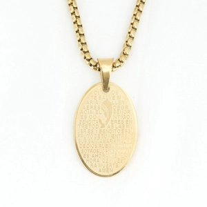 Oval gold stainless steel necklace pendant with Spanish religious prayer and Mary profile