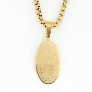 Religious gold stainless steel necklace with oval pendant engraved with Ave Maria prayer
