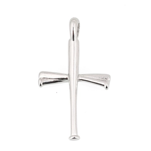 Polished silver stainless steel cross pendant featuring three crossed baseball bats design