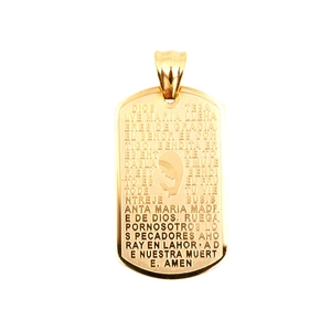 Gold rectangular Virgin Mary pendant with Spanish Ave Maria prayer engraving in titanium steel