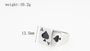 Macro detail of men's Ace of Spades steel ring showing 10.2g weight and 13.5mm width