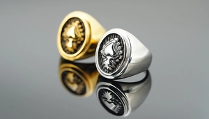 Macro detail of vintage punk signet rings with embossed heart and flame patterns