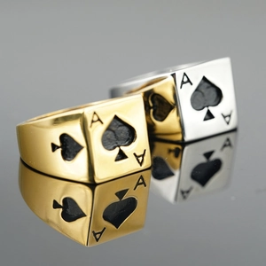 Men's Ace of Spades signet rings in polished gold and silver finish with black engravings