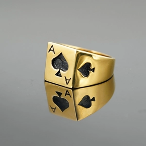 Men's gold titanium steel signet ring with Ace of Spades poker theme and square face