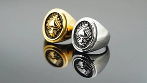 Macro detail of vintage spade signet rings in polished gold and silver finishes