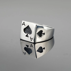 Vintage silver spade A signet ring in titanium steel for men with retro black engraving