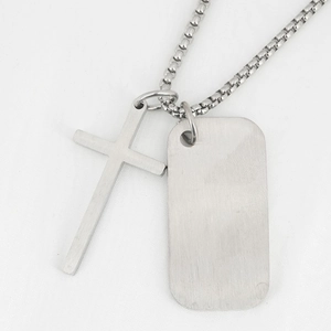 Collana da uomo in acciaio inossidabile con croce e piastrina su catena a maglia box