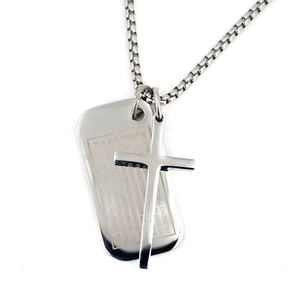 Collana uomo in acciaio con piastrina Preghiera del Signore e doppio ciondolo croce