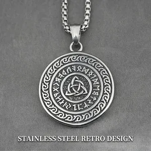 Collier Pendentif Rune Valknut Viking Vintage en Acier Inoxydable Nœud Celtique Médaillon Rond pour Homme Bijoux Hip Hop