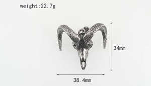 Detailed view of ram skull pendant with Ankh symbol showing dimensions 34mm by 38.4mm