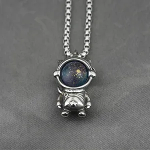 Unisex Hip Hop Astronaut Pendant Necklace With Galaxy Starry Glass Ball Vintage Titanium Steel Space Explorer Jewelry