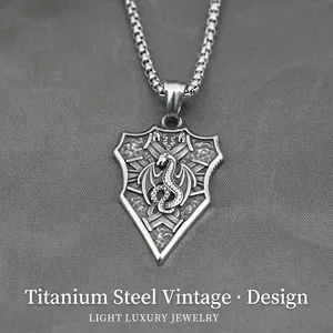 Vintage Titanium Steel Dragon Shield Pendant Necklace Gothic Punk Dragon Totem Jewelry For Men Women Party Daily Accessory
