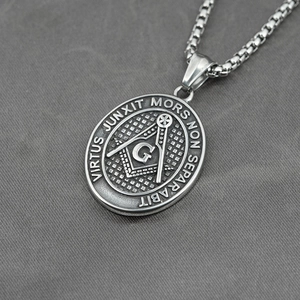 Vintage titanium steel Freemason necklace with oval pendant and sturdy box chain