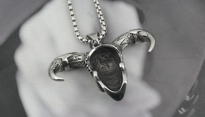 Gothic goat skull pendant necklace with black aged finish and stainless steel square beads