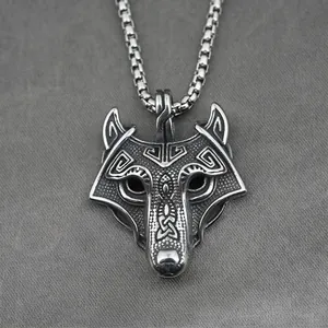Collier Pendentif Tête de Loup Viking en Acier au Titane Rétro Nœud Celtique Gothique Hip Hop Bijoux Homme Femme