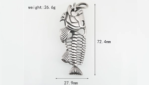 Detailed fish skeleton pendant specs: 26.6g weight, 72.4mm height in vintage titanium steel