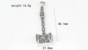 Detailed view of Viking Mjolnir hammer pendant with Valknut symbol and dimensions