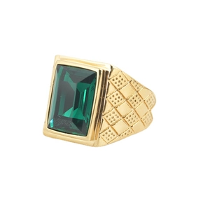 Titanstahl-Ring mit smaragdgrünem Edelstein und Schachbrett-Muster im Vintage-Stil