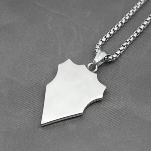 Men's shield-shaped titanium steel pendant necklace with brushed silver finish on box chain
