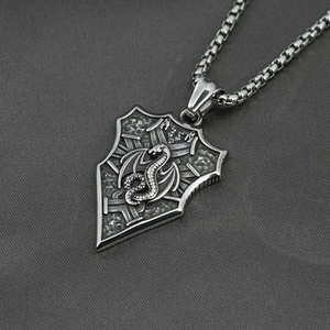 Vintage dragon shield pendant necklace in black titanium steel for men and women