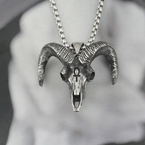 Vintage Stainless Steel Ram Skull Pendant Necklace With Ankh Symbol Gothic Punk Baphomet Skeletal Jewelry For Men Daily Party