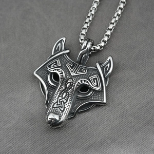 Collier pendentif tête de loup celtique viking en acier inoxydable avec chaîne box