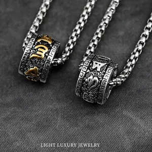 Retro Edelstahl Sechs-Silben-Mantra Zylinder Anhänger Halskette Für Herren Damen Hip Hop Religiöser Glücksbringer Schmuck