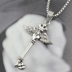 Collier clé argent hip-hop avec pendentif ailes de couronne et pierre en zircone