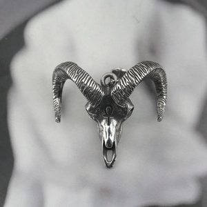 Gothic ram skull pendant in vintage titanium steel with engraved Ankh symbol decoration