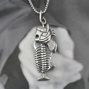 Men Gothic Punk Fish Skeleton Pendant Necklace Vintage Titanium Stainless Steel Bone Chain Necklace Hip Hop Jewelry For Boys