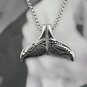 Whale Tail Pendant Necklace Titanium Steel Tribal Maori Carving Retro Silver Hip Hop Box Chain Jewelry For Men Women