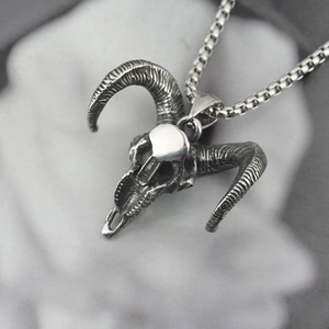 Gothic goat skull pendant necklace in retro silver finish with a sturdy square chain