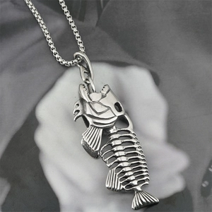 Men's titanium steel fish skeleton pendant necklace with vintage silver punk link chain