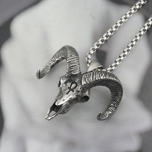 Gothic ram skull pendant necklace with Ankh symbol and vintage box chain for men