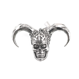 Gothic titanium steel ram skull necklace with tribal engravings in silver finish