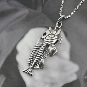Gothic punk fish bone skeleton pendant necklace in polished silver titanium steel