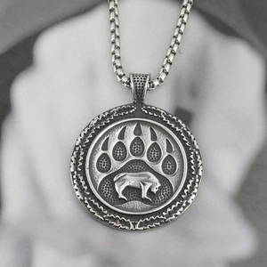 Viking Celtic Bear Paw Print Pendant Necklace For Men Retro Titanium Steel Animal Silhouette Hip Hop Biker Jewelry
