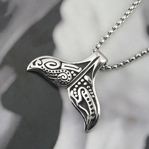 Polished stainless steel whale tail pendant necklace with tribal carvings and box chain