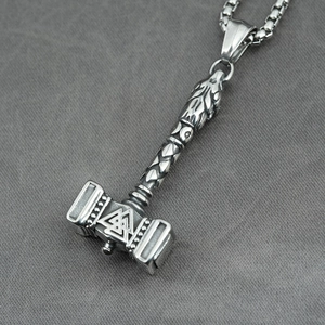 Retro titanium steel Viking Thor's Hammer necklace with intricate Valknut engravings