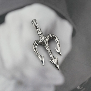 Collier pendentif trident en argent vintage avec motifs gravés pour hommes et femmes