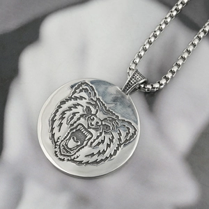 Viking bear head engraved medallion necklace in oxidized stainless steel with box chain