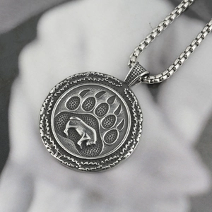 Vintage stainless steel bear paw print pendant necklace with a thick box chain for men