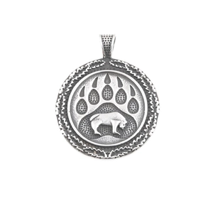 Viking Celtic bear paw pendant necklace with bison silhouette in vintage silver finish