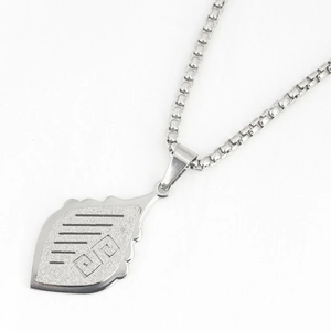 Minimalist matte stainless steel leaf pendant necklace with silver box chain and geometric pattern