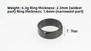 Technical dimensions of a minimalist black steel ring showing width and weight parameters