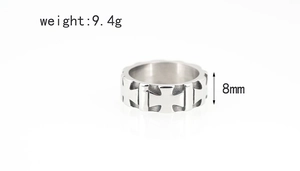 Detail view of 8mm vintage stainless steel cross ring with weight 9.4g specifications