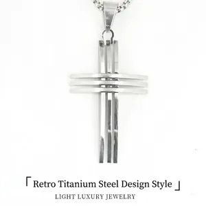 Men's Stainless Steel Cross Pendant Necklace Geometric Layered Industrial Style Silver Color Jewelry Gift For Boys