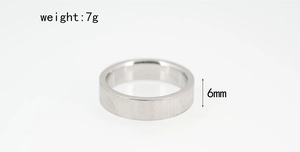 Detailed view of 6mm matte silver titanium steel ring showing dimensions and 7g weight