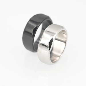 Minimalist wide band stainless steel rings in black and silver finishes for couples